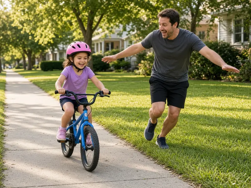 Illustration: a beaming young girl rides her first pedal bike while her dad runs alongside cheering