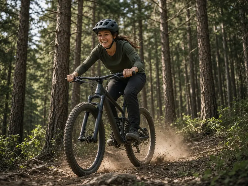Illustration: a smiling mountain biker rides a dusty forest singletrack